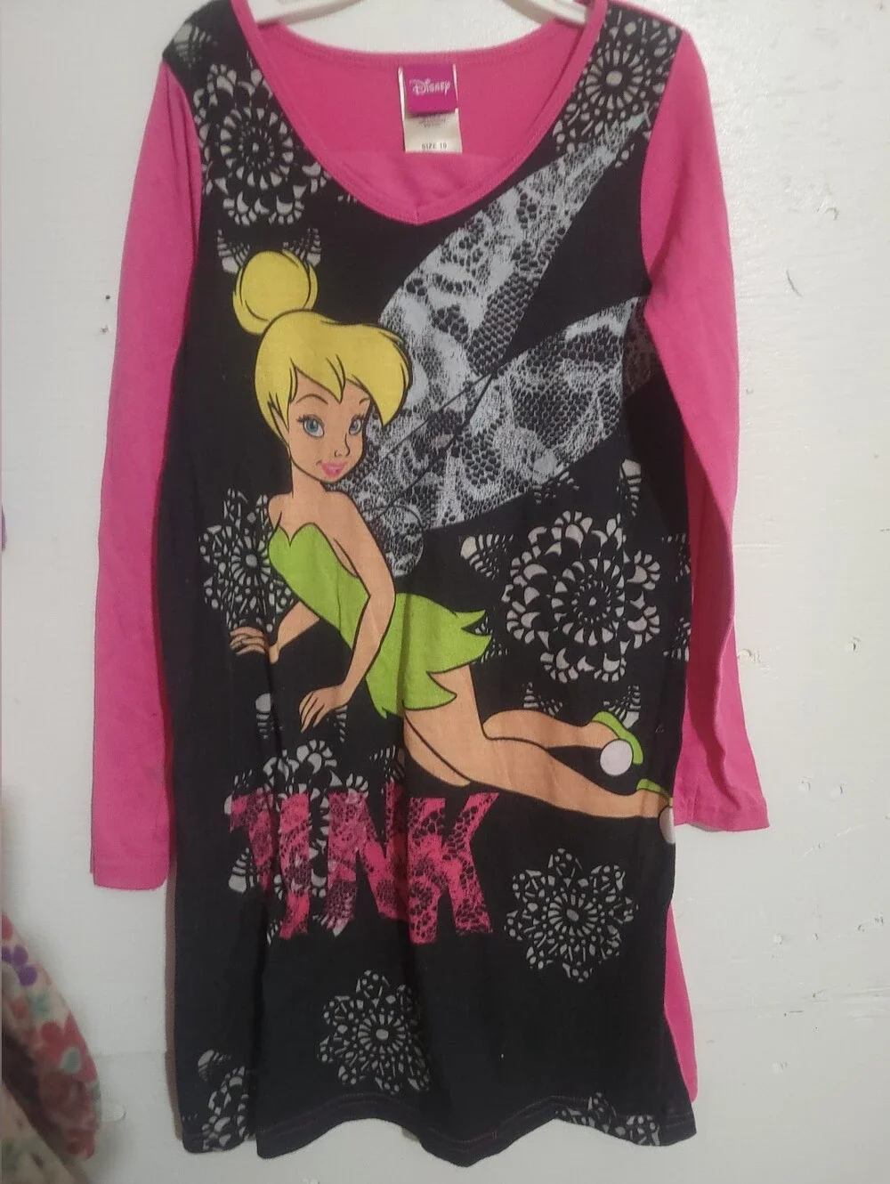 Disney Pink & Black Tinker Bell Long Sleeve Girls Nightgown
